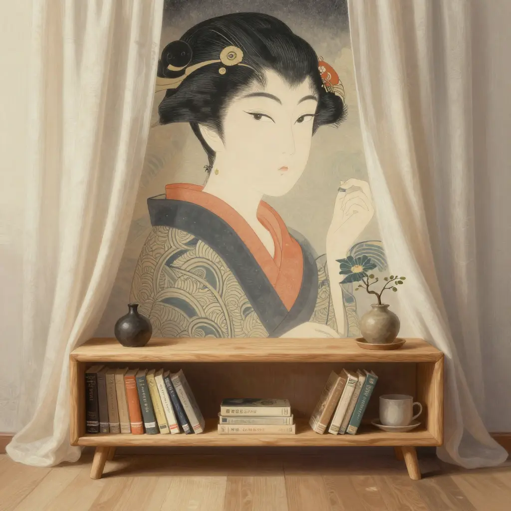 Rincón de lectura acogedor con cortinas elegantes estilo Japandi