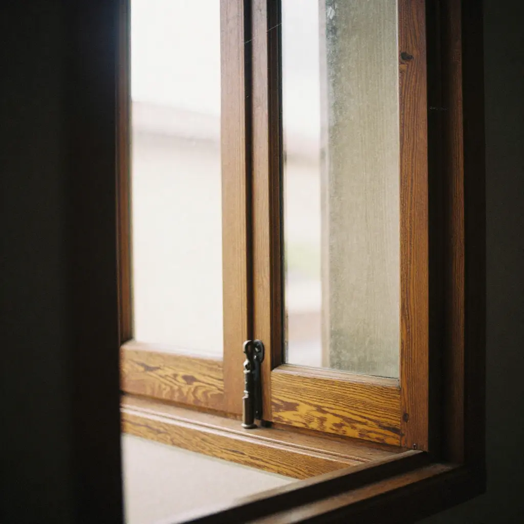Persianas de madera natural en ventana amplia
